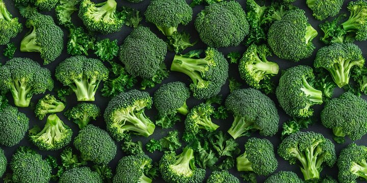 Overhead Seamless Composition of Fresh Organic Broccoli Tops and Nutritious Stalks Isolated Artfully