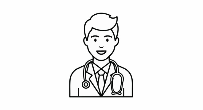 A simple outline drawing of a smiling male medical professional with a stethoscope