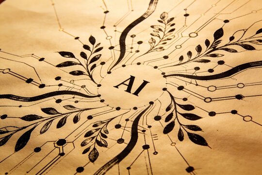 Minimal ink AI concept on beige paper with organic plant like lines blending into tech nodes and centered typography design
