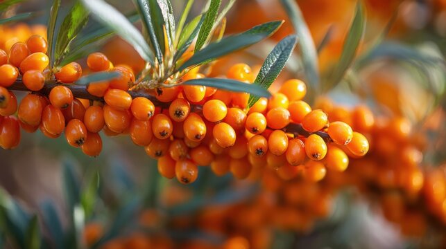 sea buckthorn berries densely covering branch bright orange macro natural light texture detail