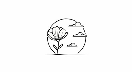Obraz premium A simple line art illustration of a blooming flower within a circle with clouds