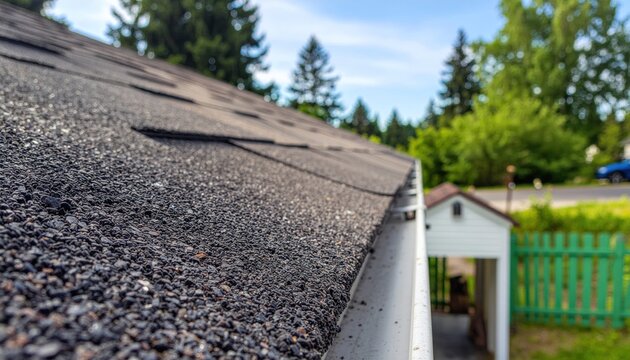 Shingle roof with gutter, and trees.