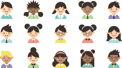 Fototapeta premium Diverse Children Faces with Different Hairstyles and Expressions Vector Illustration for Education, Kids, and School Life