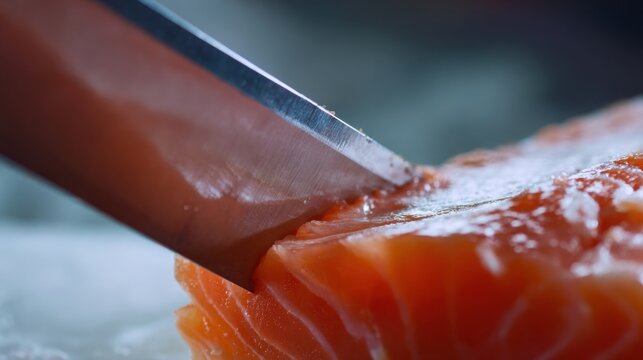 sharp flexible knife filleting fish from backbone, macro cooking process, steel blade reflection, fresh salmon texture, cold professional kitchen