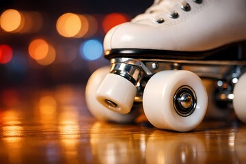 Fototapeta premium This vibrant image focuses on the white wheels of classic quad roller skates resting on a shiny wooden floor perfectly suited for retro disco themes recreational activities and roller rinks