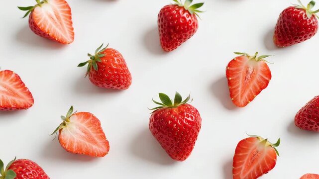 Fresh strawberries and halves arranged on white background, vibrant red berries pattern with copy space, healthy summer food concept
