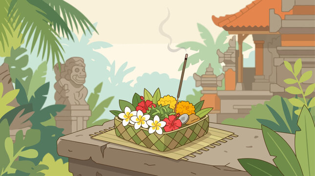 A serene flat design vector illustration of a traditional Balinese Canang Sari offering, featuring a woven palm-leaf basket filled with colorful flowers and incense. 