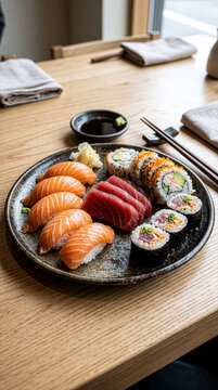 Fresh sushi and sashimi platter on a wooden table