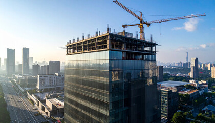 Fototapeta premium Modern Office Complex Construction Featuring Steel Beam Framework