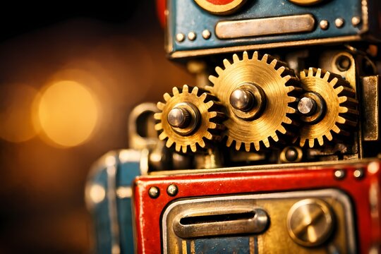 Macro photograph of golden brass gears inside a vintage tin robot toy. This high resolution image is highly suitable for retro technology themes and engineering industrial backgrounds.