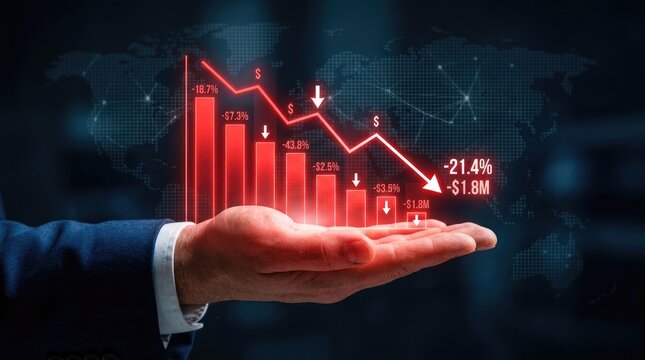 Businessman holding a glowing red bar graph showing a significant financial downturn and market crash.