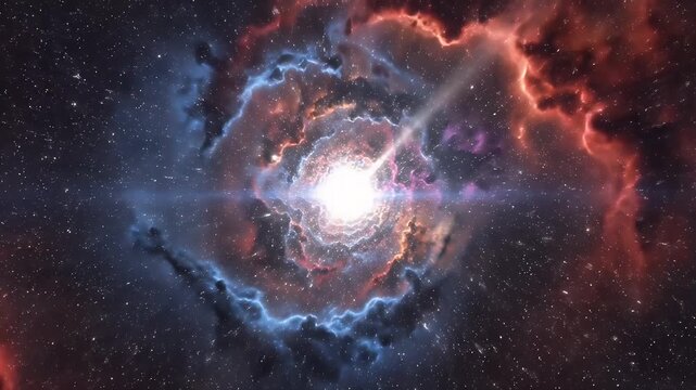 Supernova explosion in outer space with bright light rays and colorful cosmic dust