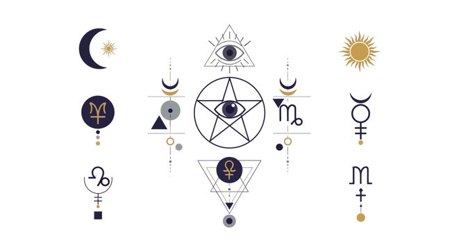 Mystical Esoteric Symbols and Sacred Geometry Set with Pentagram and All Seeing Eye