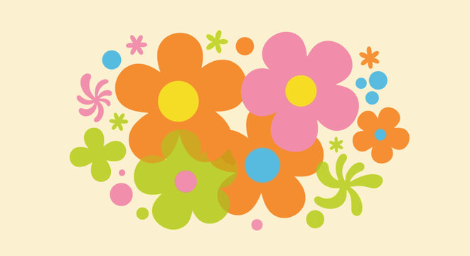 Retro Groovy Flower Power Pattern with Colorful Floral Shapes