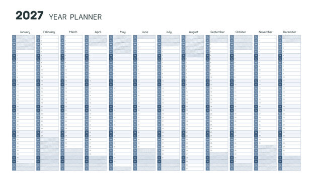 2027 year calendar with blank vertical grid in minimal style. Year planner for daily and monthly agenda. Wall calender template with gray highlight of day of week and holidays, vector illustration
