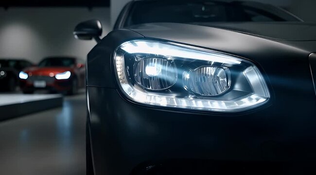 Sleek modern car design showcasing advanced LED headlight illumination in a dark automotive showroom setting