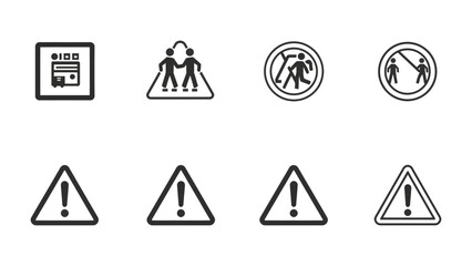 Cautionary Symbols and Signs: A comprehensive collection of informational and safety symbols including a pedestrian crossing, warning triangles, and regulatory signs, conveying essential information. © Md