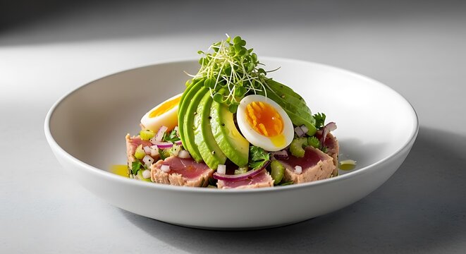 Fresh avocado salad with boiled egg and sprouts in a round white ceramic bowl. thunfisch salat 
