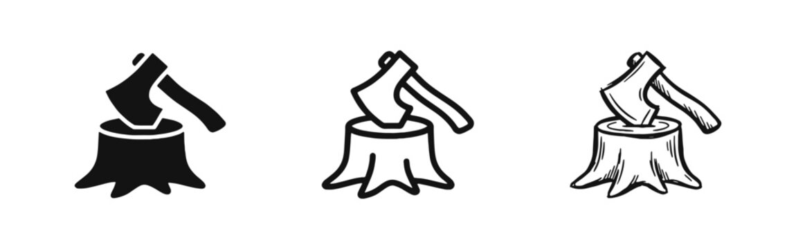 Axe in tree stump icon set. Woodwork, logging, forestry and woodcutting symbols.