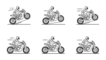 Motorcycle Wheelie Sequence: A dynamic black and white illustration sequence captures the action of a motorcycle performing a wheelie, showing the transformation from motion to balance. © Mohammad