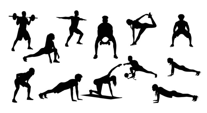 Silhouette man performing various workout exercises isolated on transparent background, Vector