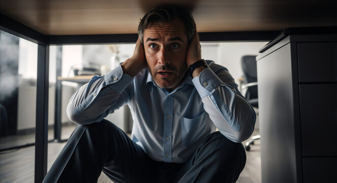 Terrified businessman hiding under an office desk and covering his ears. Stressed male employee experiencing panic or an emergency