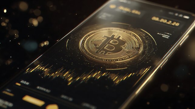 Gold bitcoin cryptocurrency coin with glowing geometric pattern
