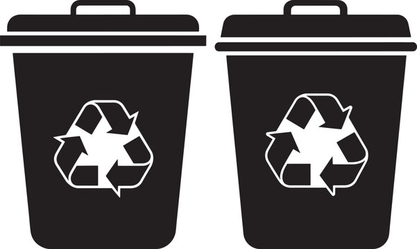 Two black trash cans with recycling symbol graphic illustration trash can black and white eco friendly eco icon bin icon waste icon environment icon recycling illustration container