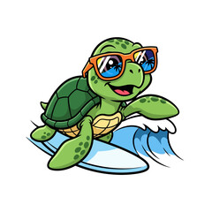 Fototapeta premium Cartoon turtle wearing sunglasses surfing on a wave.