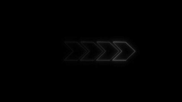 Neon outline of four chevron arrows pointing right on black background image photo