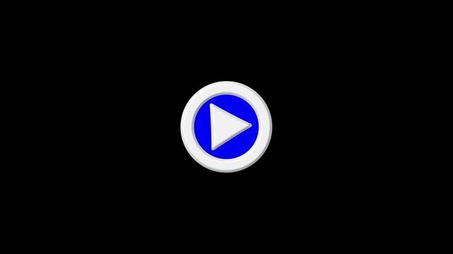 3D rendered play button icon with blue triangle on white circle with blue rim on black background symbol