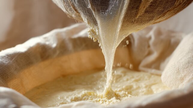straining cheese through cloth whey dripping process homemade dairy rustic realism close