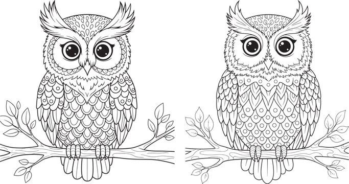 Two decorative owls on branches in black and white outline with coloring page decorative zentangle illustration wildlife symmetrical detailed artistic whimsical isolated creative stylized