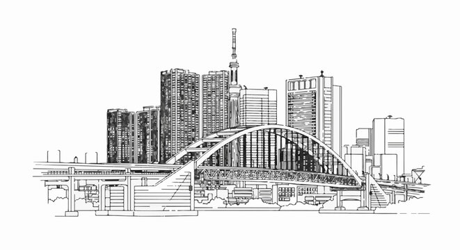 Sketch of a modern city skyline with a prominent arched bridge