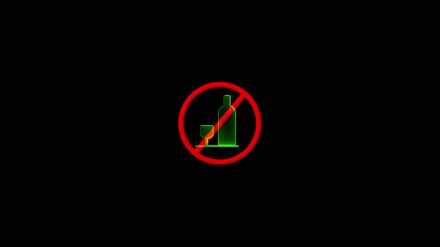Red prohibition circle with a green glowing silhouette of a bottle and glass on a black background no alcohol