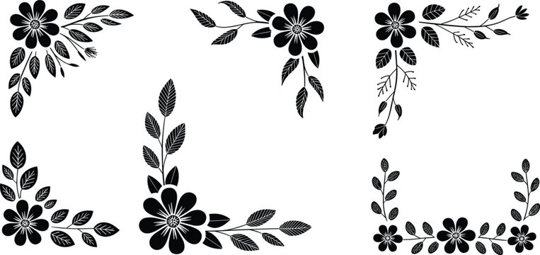 Black floral corner frame set with decorative flowers leaves and botanical elements isolated on white background for elegant wedding invitation design template artwork collection