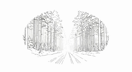Naklejka premium Sketch of a road leading into a snowy, dense forest with tall pines