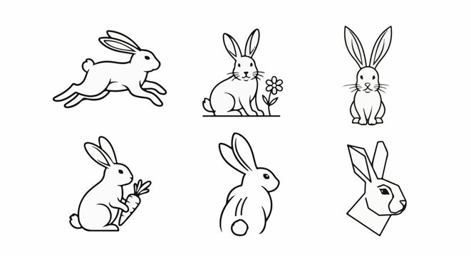Six line-art drawings of rabbits in various poses, including running and holding a carrot