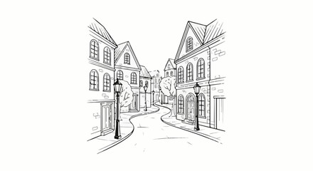 Obraz premium Sketch of a winding cobblestone street lined with old European buildings