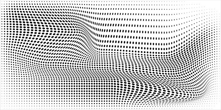 The halftone texture is monochrome. A wave of dots. Abstract black and white texture. Ink dots randomly placed on a white background. Pop art texture for printing on wrapping paper, business cards