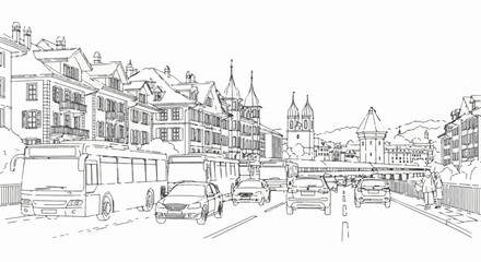 Fototapeta premium Sketch of a busy street with vehicles and historic buildings