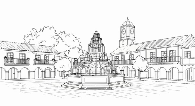 Sketch of a courtyard with a tiered fountain, trees, and buildings