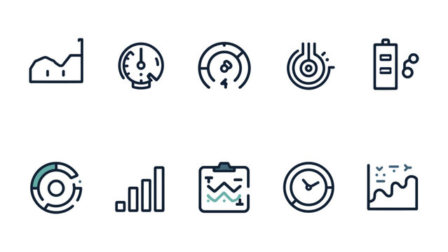 Icon Set: A collection of sleek, modern icons perfectly suited for digital interfaces, representing data visualization, performance metrics, and technological efficiency.