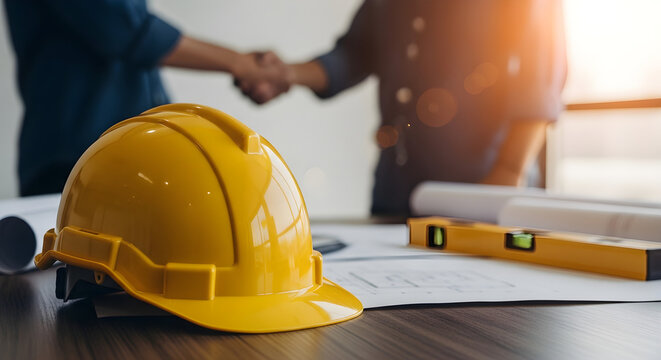 yellow safety helmet on workplace desk with construction worker team hands shaking greeting start up plan new project contract in office center at construction site, partnership and contractor concept