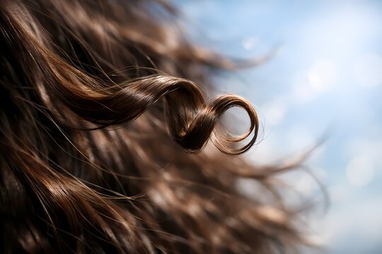 Close up photo of a shiny brown curly hair strand softly moving against a bright blue background. This detailed hair care image is highly suitable for salon marketing and shampoo commercial ads.