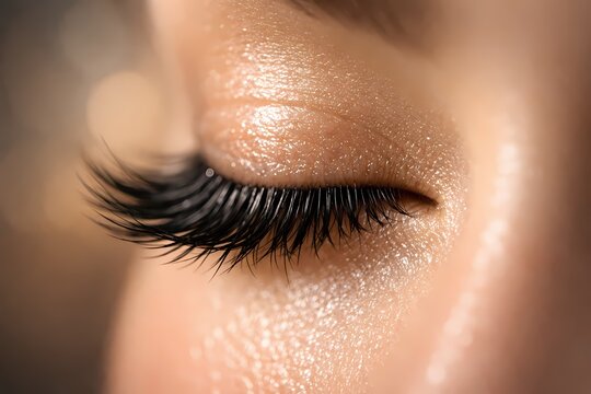 Close up photo of a womans closed eye adorned with long dramatic false eyelashes and soft makeup. This stunning beauty image is suitable for eyelash extensions and cosmetic marketing materials.