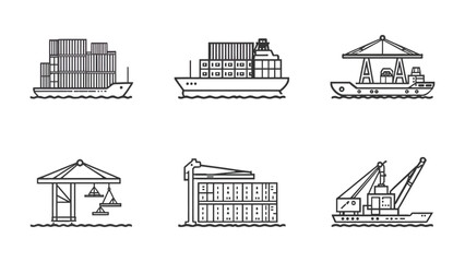 Fototapeta premium Global Trade Icons: A set of detailed line art icons, showcasing the intricate world of global trade and logistics. Featuring cargo ships, container cranes.