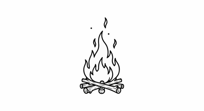 Simple black and white line drawing of a campfire