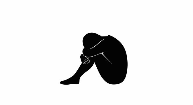 Silhouette of a person curled up tightly on a white background