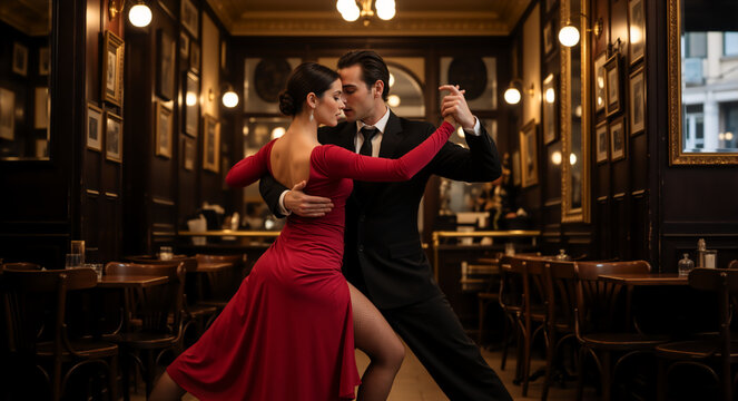 Elegant couple dancing tango in a vintage cafe. Passionate man and woman in formal attire performing a dramatic dance pose